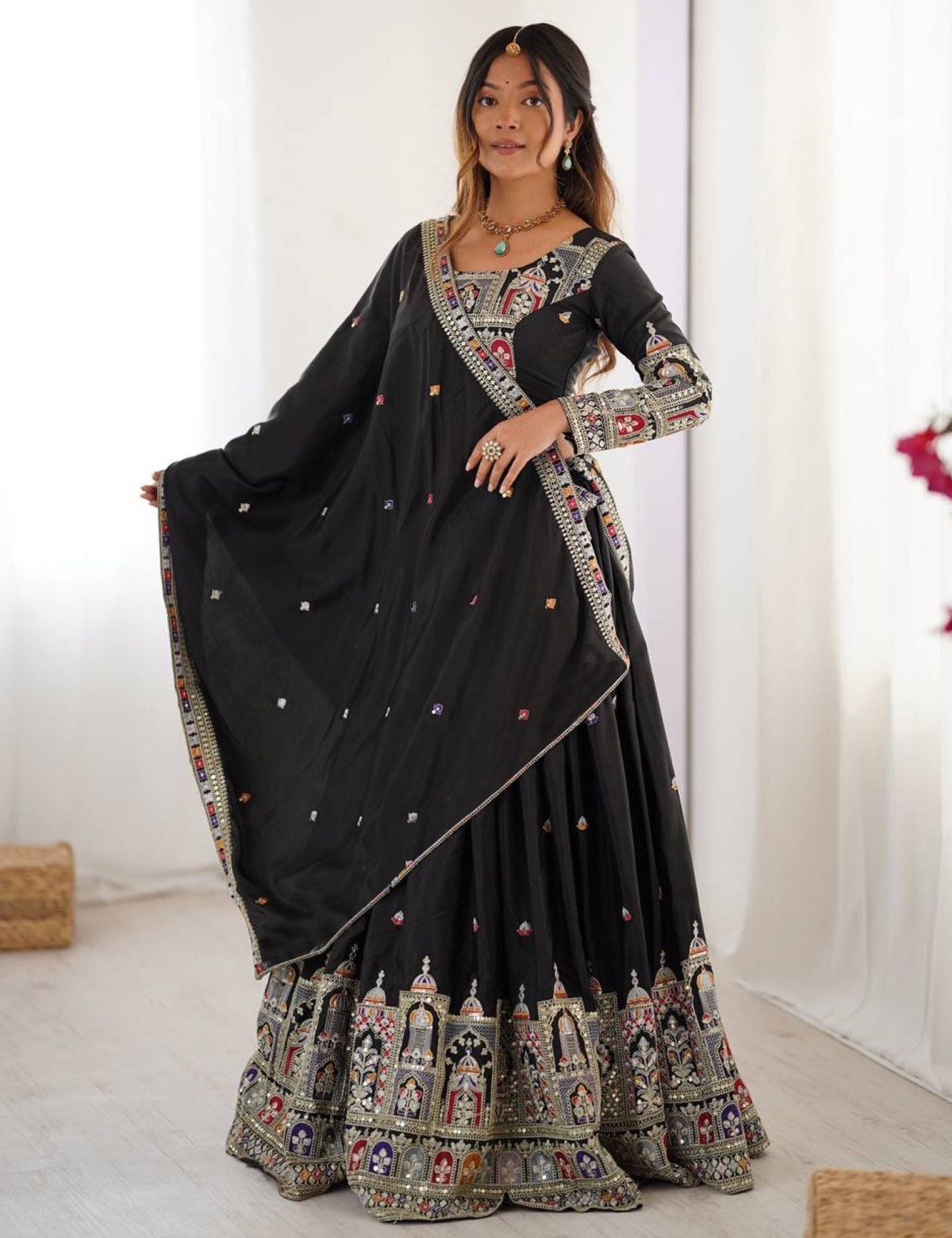 Aakrish Designers Black Embroidered, Embellished Semi Stitched Lehenga Choli