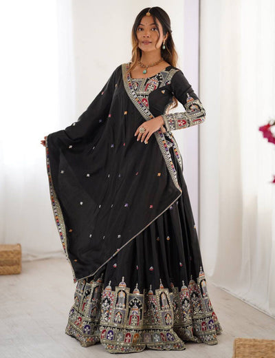 Aakrish Designers Black Embroidered, Embellished Semi Stitched Lehenga Choli