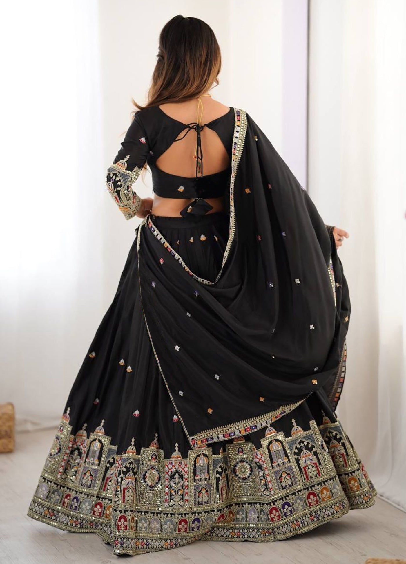 Aakrish Designers Black Embroidered, Embellished Semi Stitched Lehenga Choli