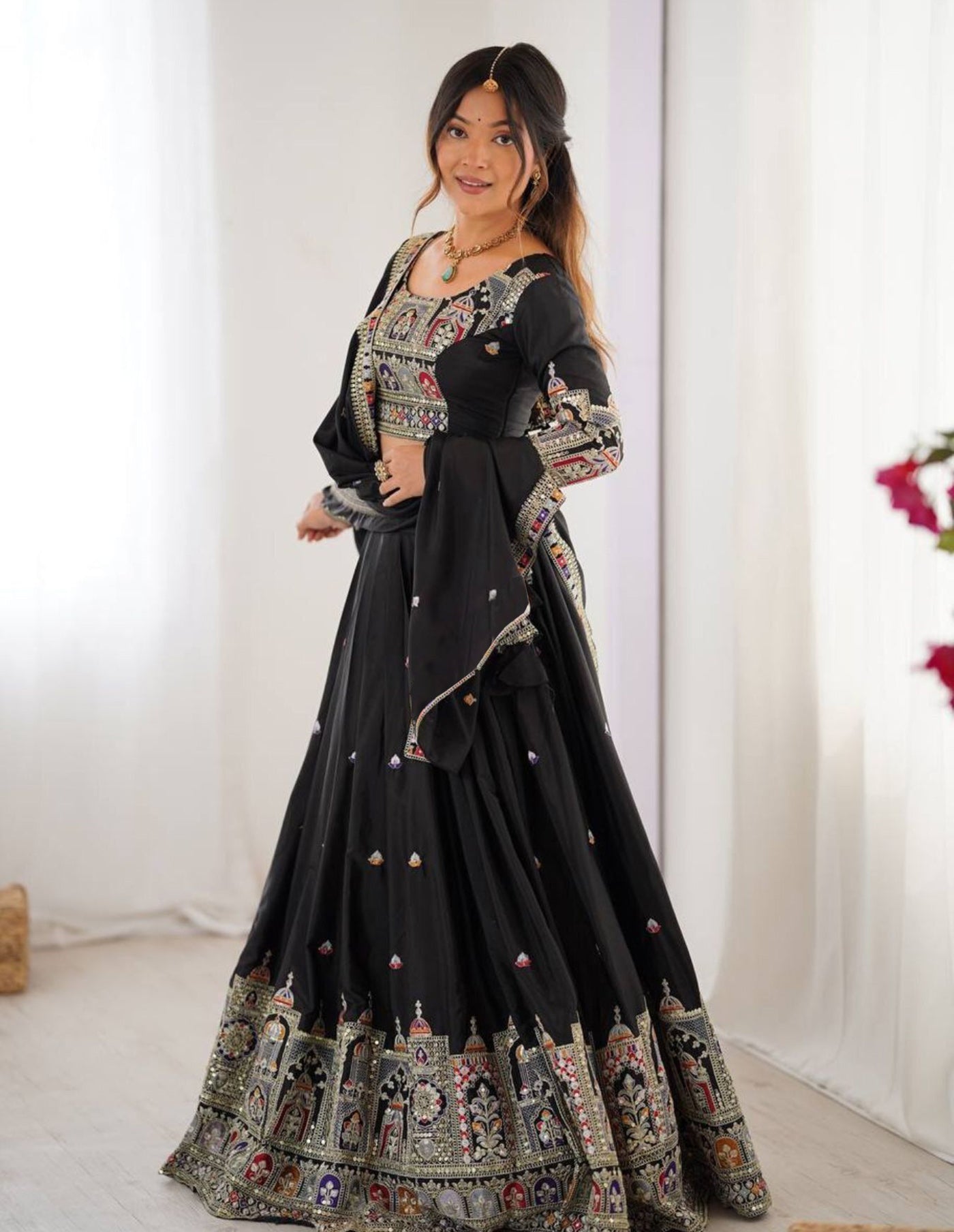 Aakrish Designers Black Embroidered, Embellished Semi Stitched Lehenga Choli