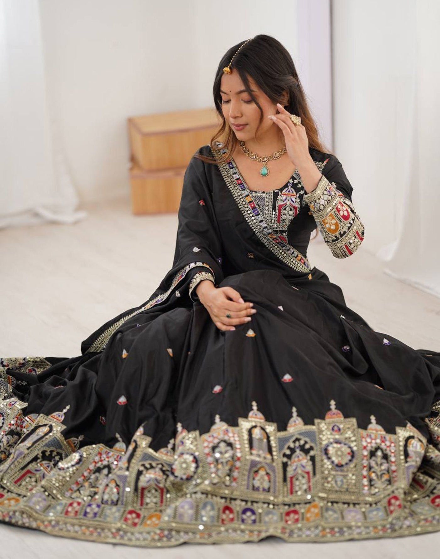Aakrish Designers Black Embroidered, Embellished Semi Stitched Lehenga Choli