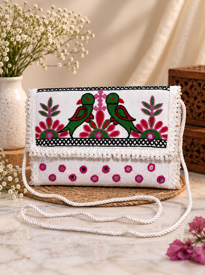 Aakrish Designers Handmade Embroidered Sling Bag – Ethnic Mirror Work & PARROT Embroidery