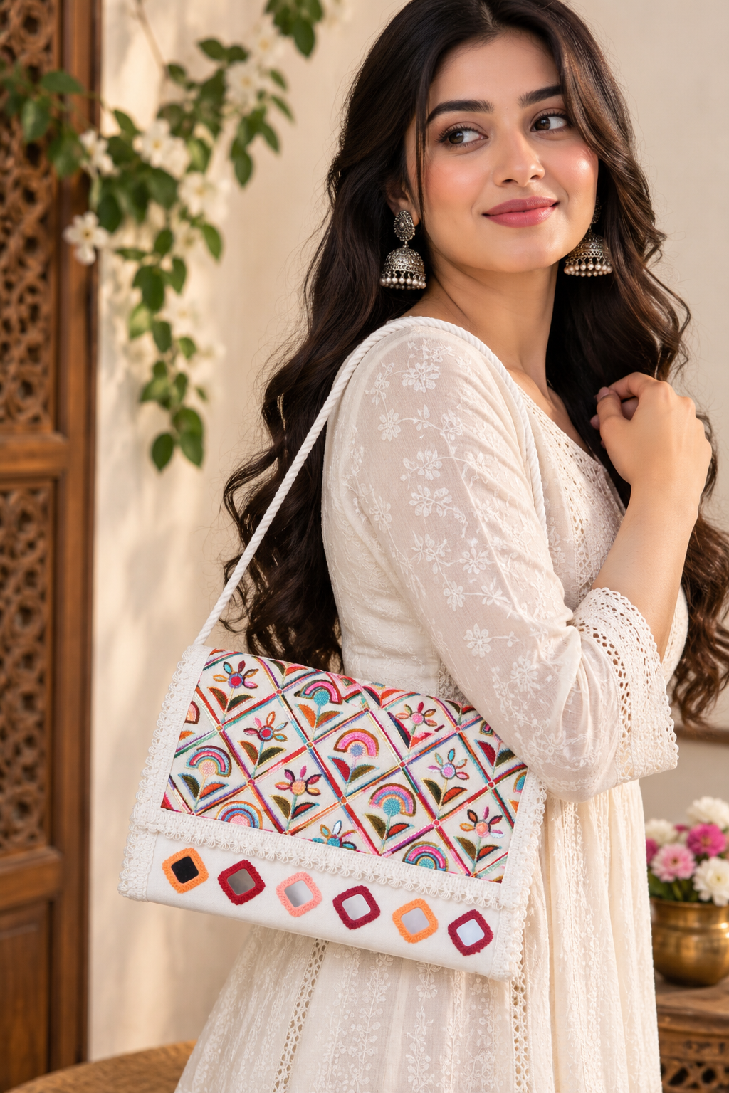 Aakrish Designers Handmade Embroidered Sling Bag – Ethnic Mirror Work & Floral Embroidery