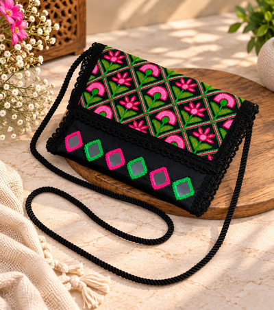 Aakrish Designers Handmade Embroidered Sling Bag – Ethnic Mirror Work & Floral Embroidery