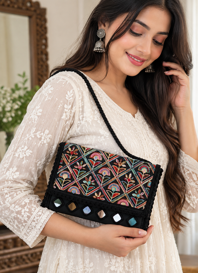 Aakrish Designers Handmade Embroidered Sling Bag – Ethnic Mirror Work & Floral Embroidery