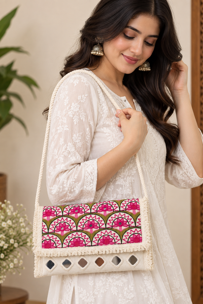 Aakrish Designers Handmade Embroidered Sling Bag – Ethnic Mirror Work & Floral Embroidery