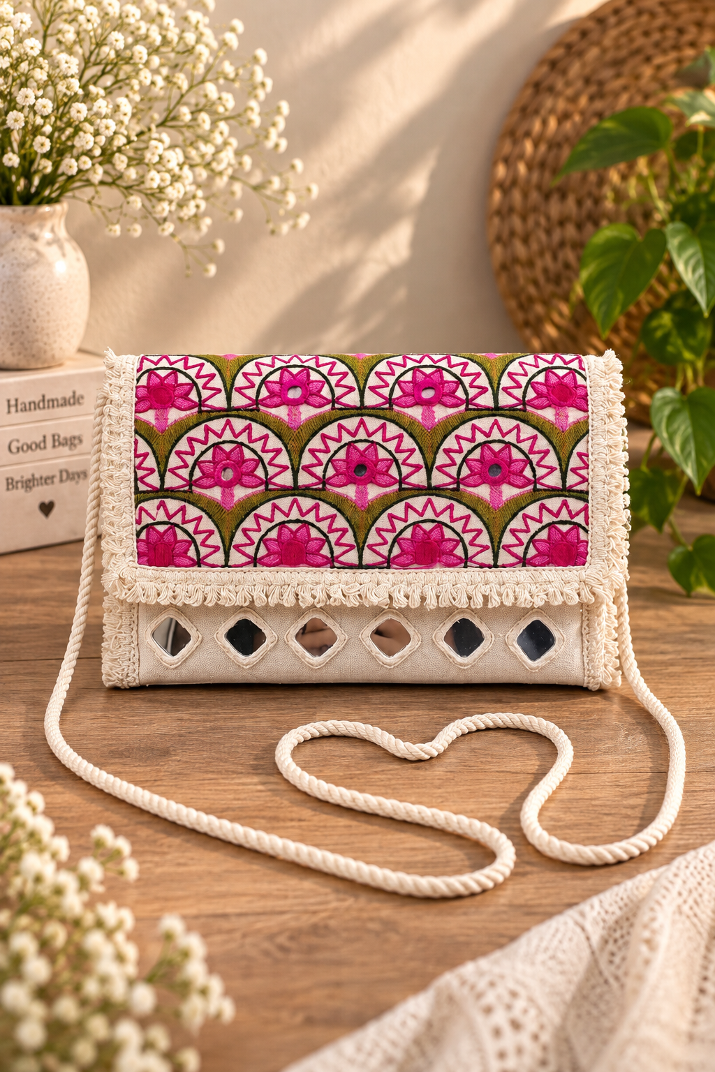 Aakrish Designers Handmade Embroidered Sling Bag – Ethnic Mirror Work & Floral Embroidery