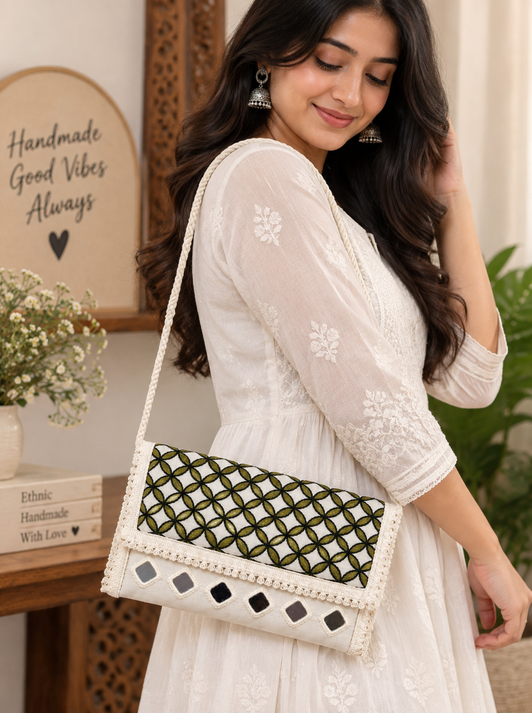 Aakrish Designers Handmade Embroidered Sling Bag – Ethnic Mirror Work & Floral Embroidery