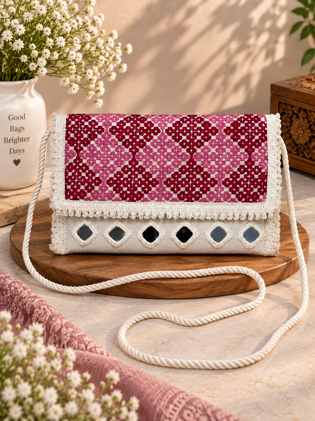 Aakrish Designers Handmade Embroidered Sling Bag – Ethnic Mirror Work & Floral Embroidery