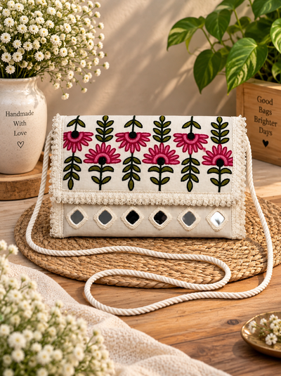 Aakrish Designers Handmade Embroidered Sling Bag – Ethnic Mirror Work & Floral Embroidery