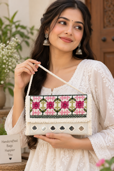 Aakrish Designers Handmade Embroidered Sling Bag , Ethnic Mirror Work & Floral Embroidery