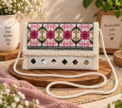 Aakrish Designers Handmade Embroidered Sling Bag , Ethnic Mirror Work & Floral Embroidery