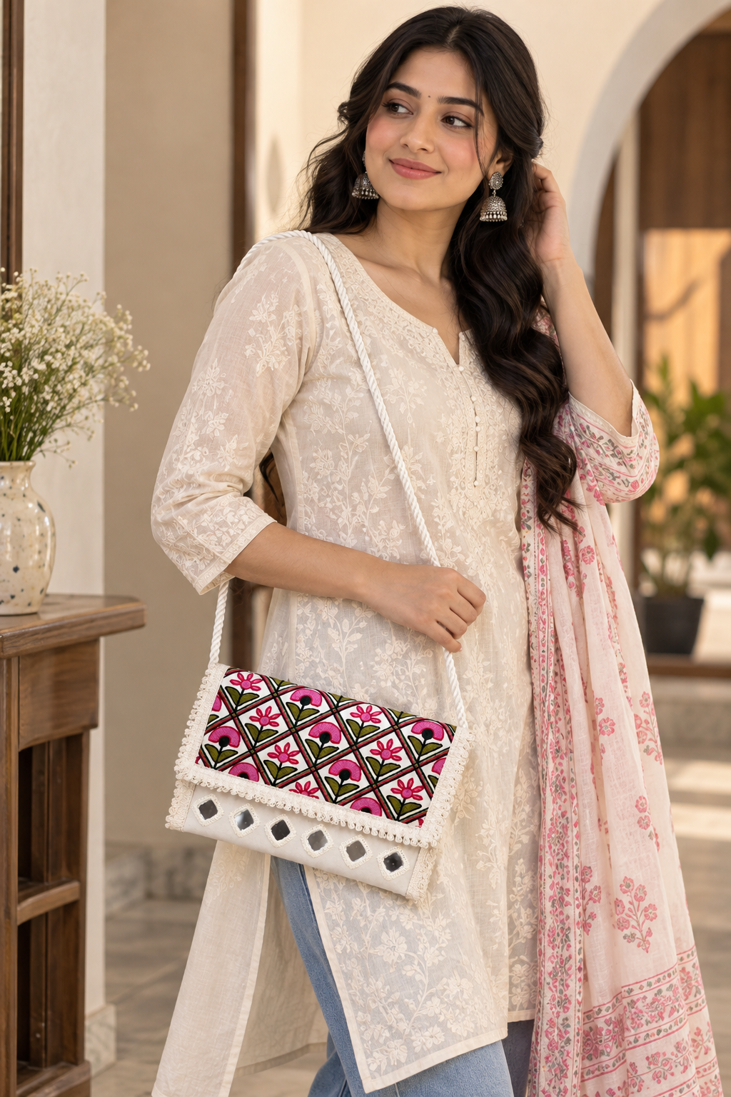 Aakrish Designers Handmade Embroidered Sling Bag , Ethnic Mirror Work & Floral Embroidery