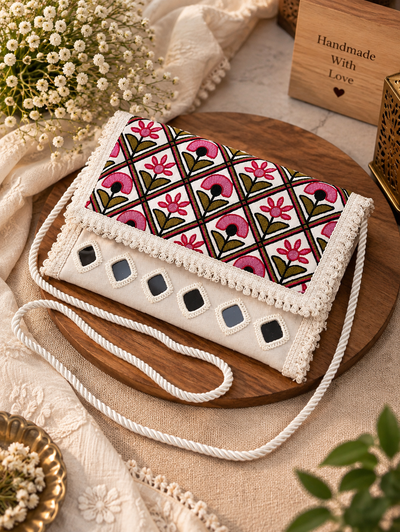 Aakrish Designers Handmade Embroidered Sling Bag , Ethnic Mirror Work & Floral Embroidery