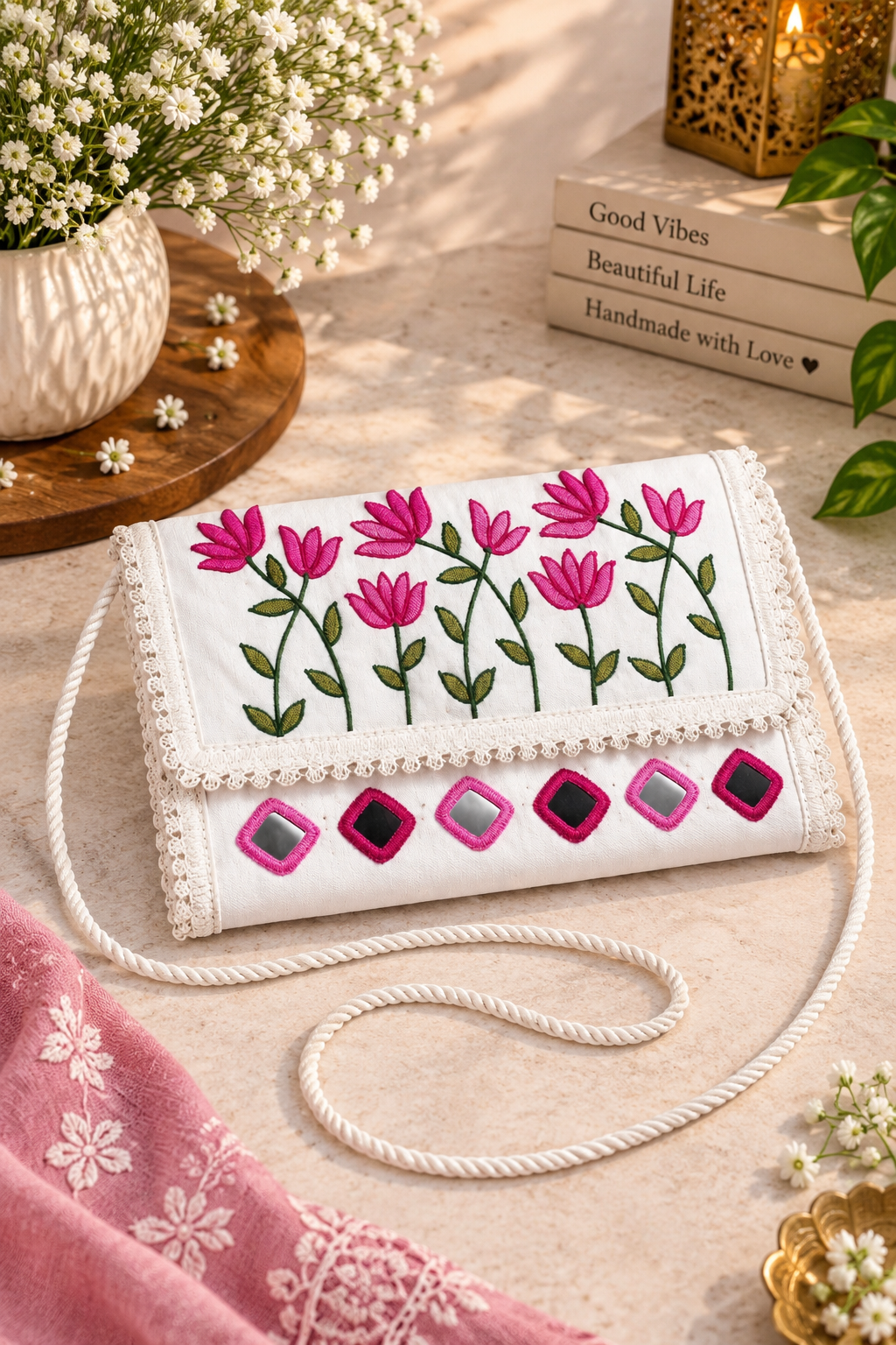 Aakrish Designers Handmade Embroidered Sling Bag – Ethnic Mirror Work & Floral Embroidery
