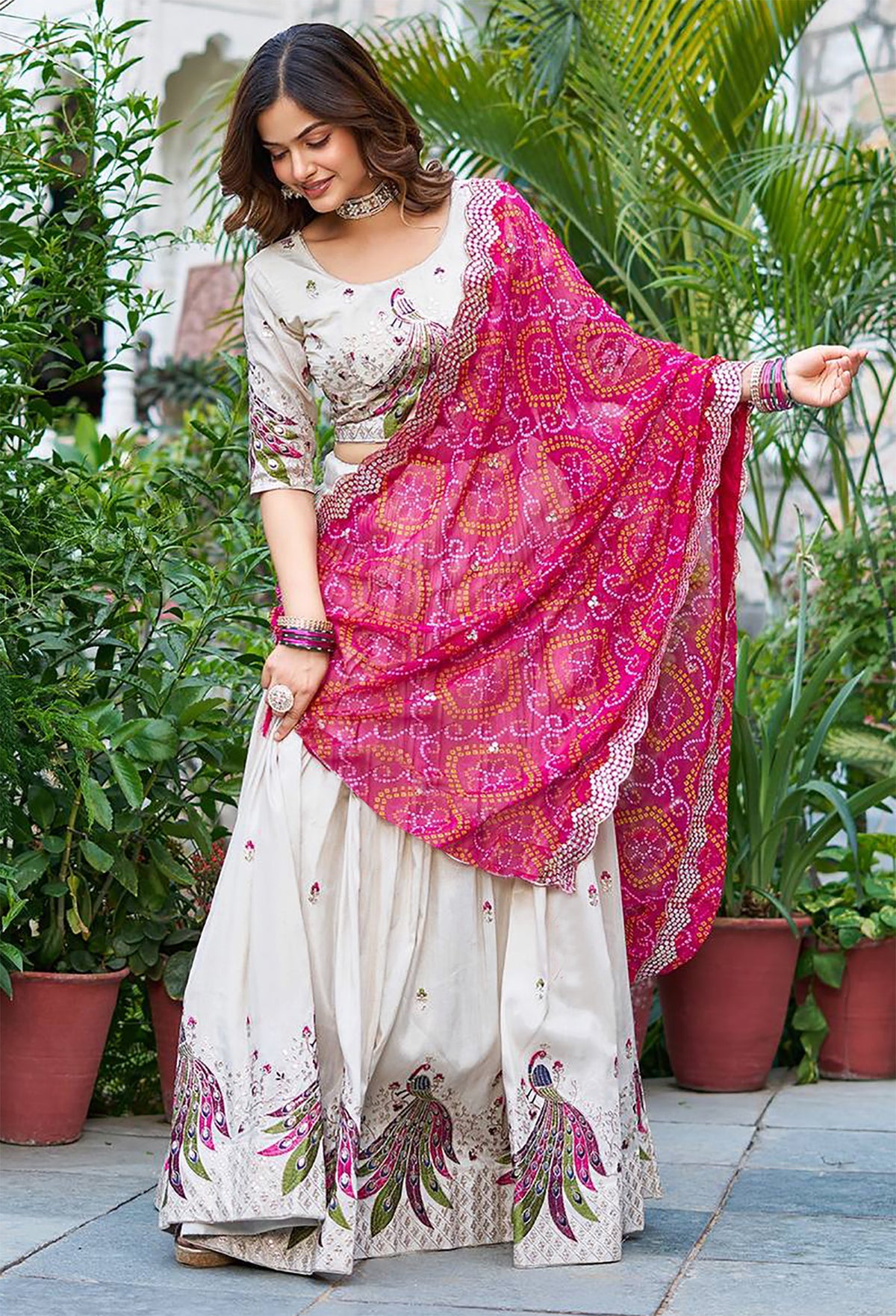 Aakrish Designers Pecock Embellished Semi Stitched Lehenga Choli white