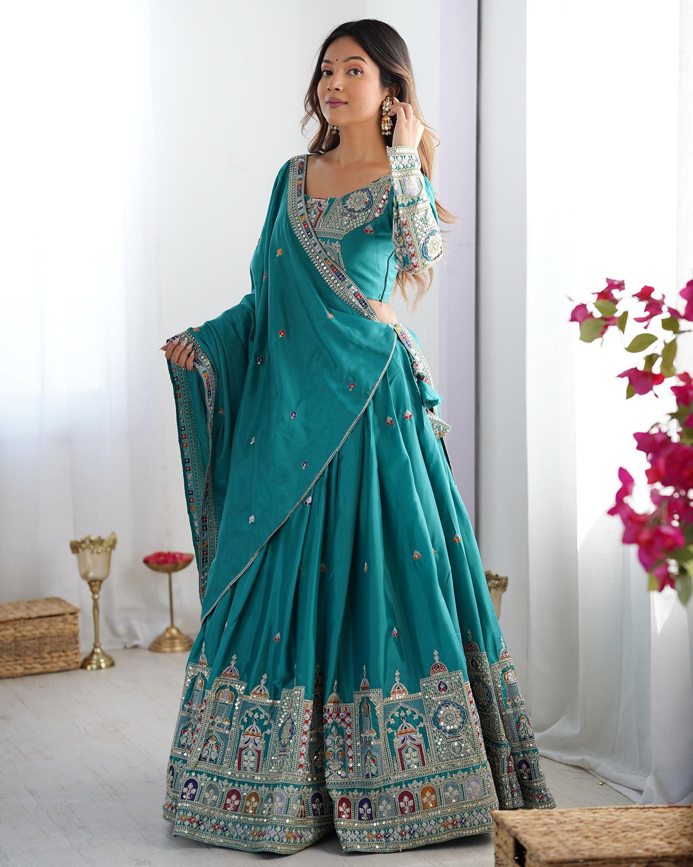 Aakrish Designers Rama Embroidered, Embellished Semi Stitched Lehenga Choli