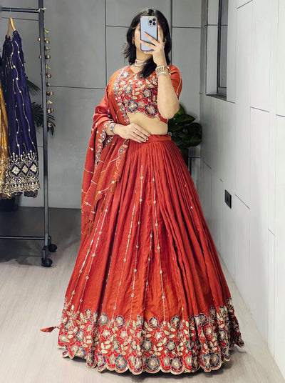 Aakrish Designers Rust Orange Embroidery Lehenga