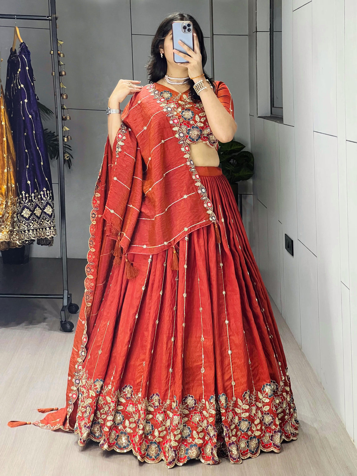 Aakrish Designers Rust Orange Embroidery Lehenga