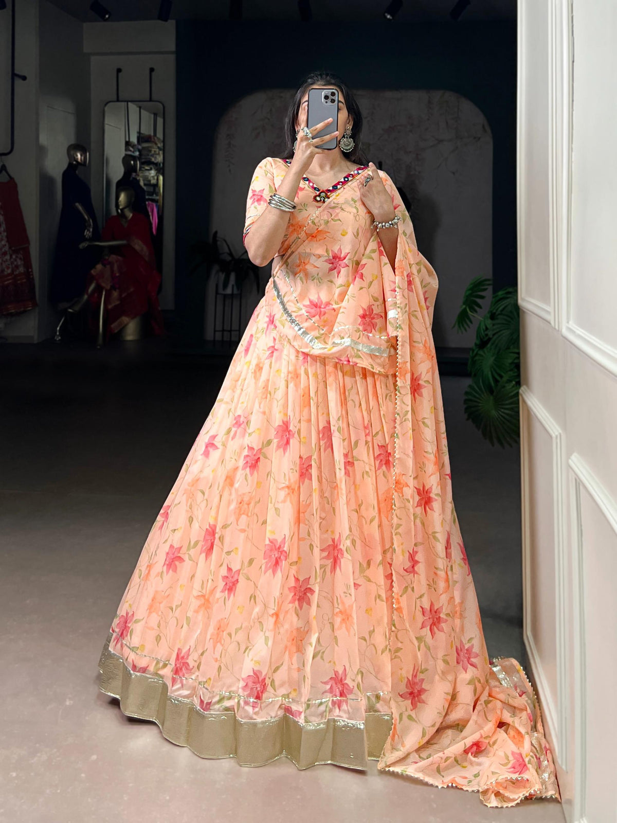 Aakrish designers new a floral Tabby Silk lengha choli