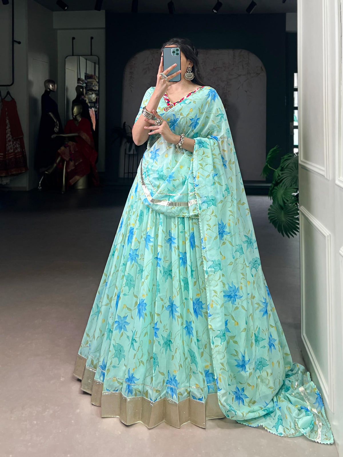 Aakrish designers new a floral Tabby Silk lengha choli