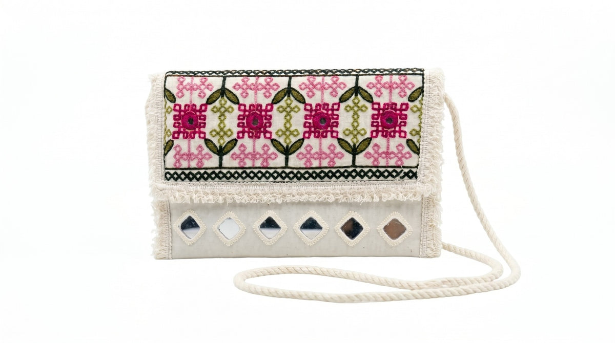 Aakrish Designers Handmade Embroidered Sling Bag , Ethnic Mirror Work & Floral Embroidery