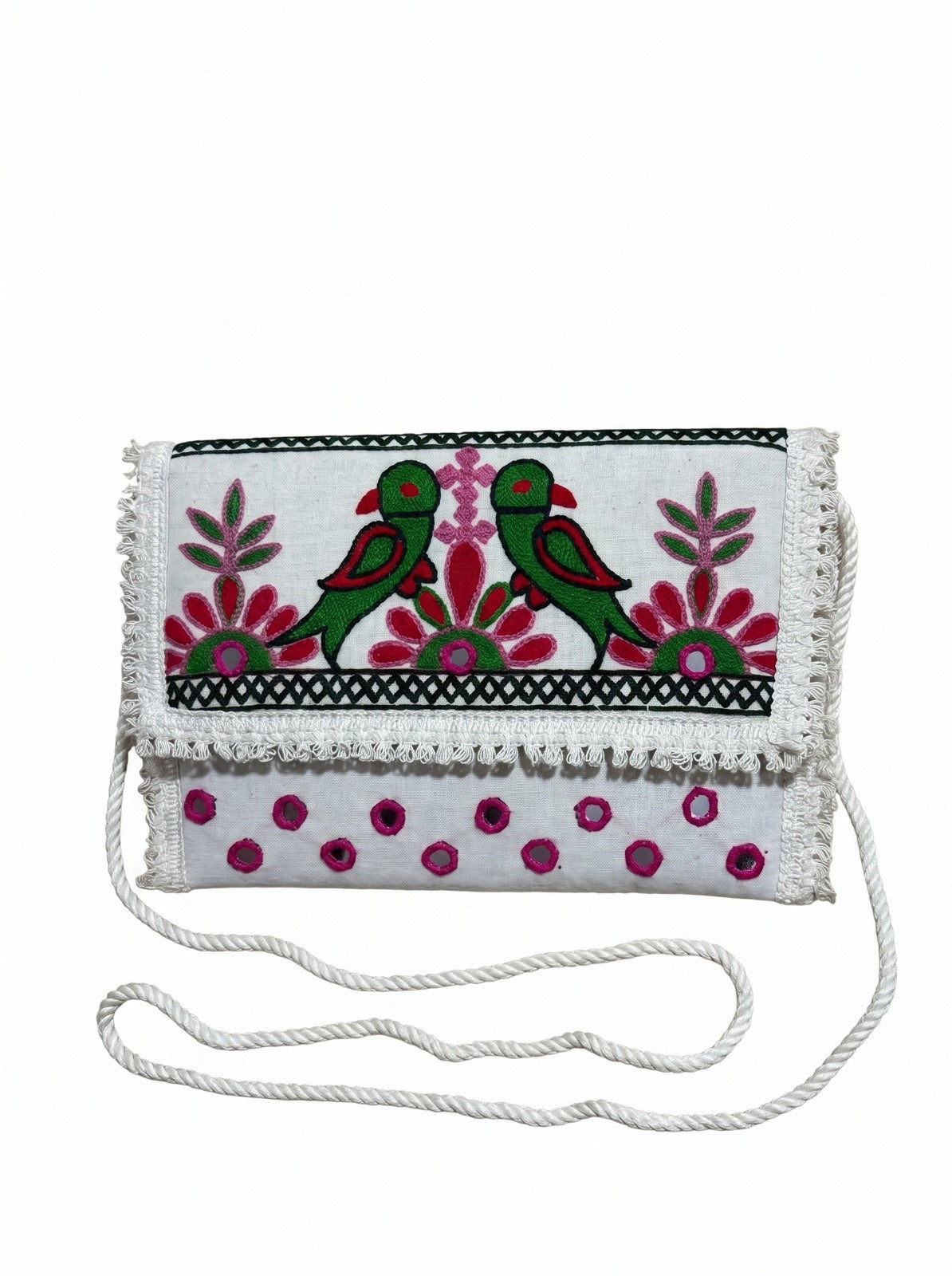 Aakrish Designers Handmade Embroidered Sling Bag – Ethnic Mirror Work & PARROT Embroidery