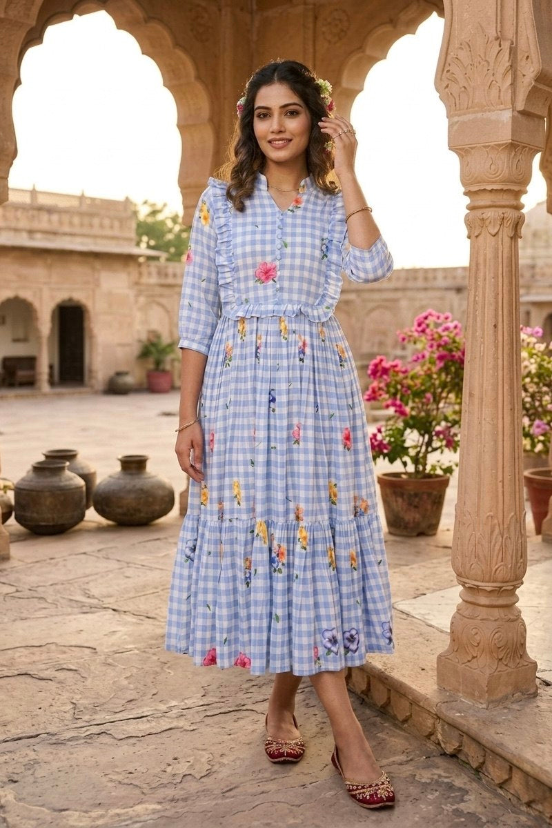 Premium Gingham Print Muslin Silk Kurti with Puff Sleeves