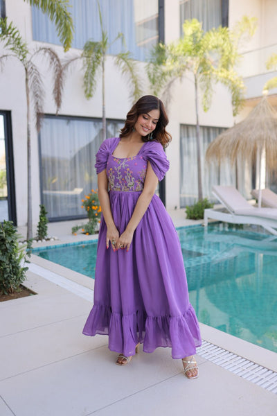 Square-Neck Mal Chanderi Gown with 7-Meter Flair (Readymade Collection)