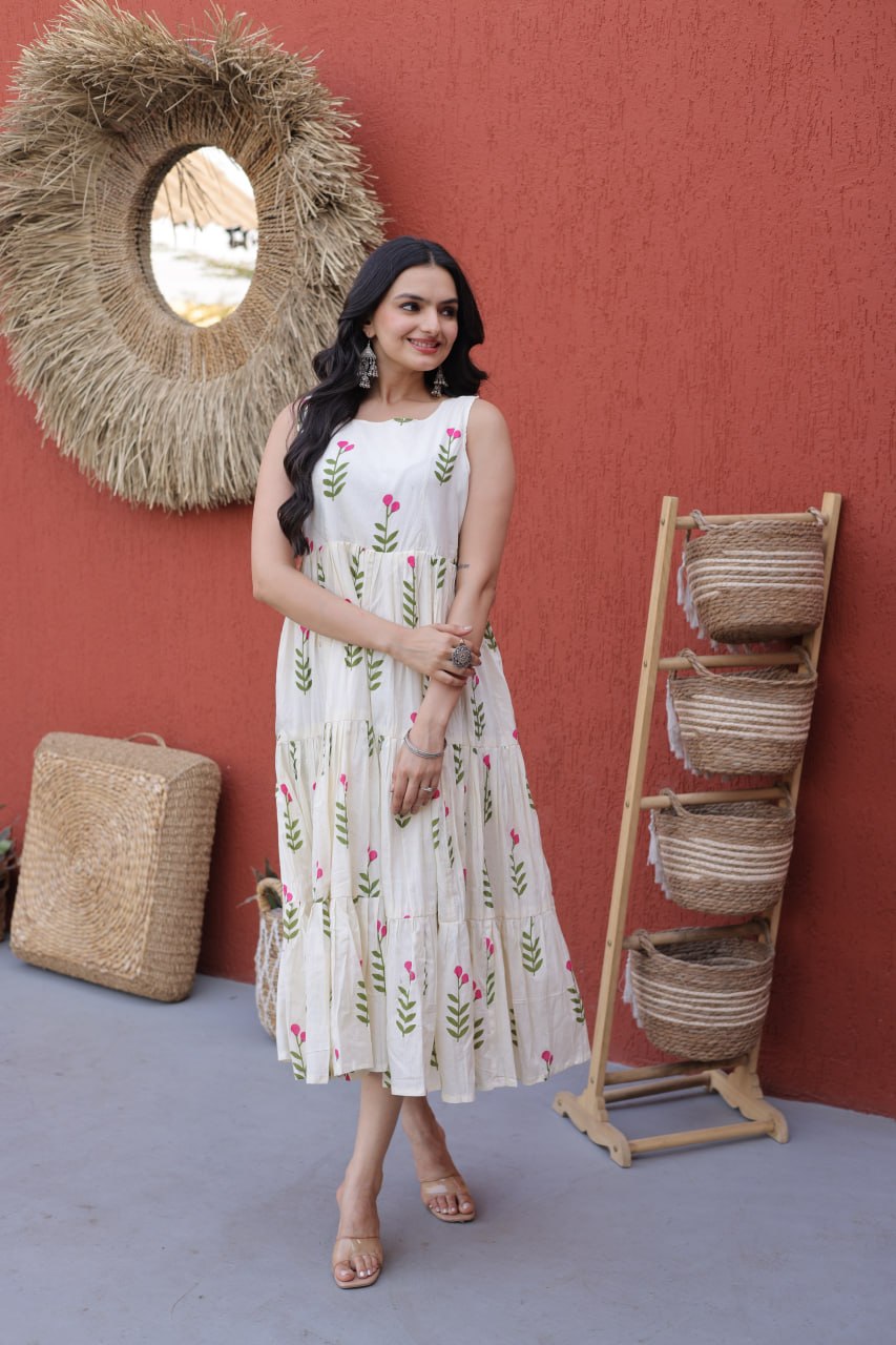 Printed Cotton Frill Kurti with 5-Meter Flair