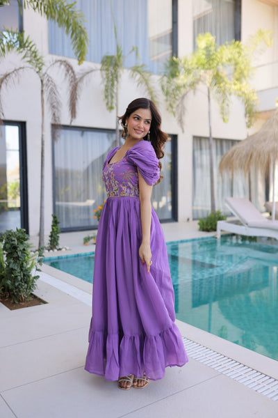 Square-Neck Mal Chanderi Gown with 7-Meter Flair (Readymade Collection)