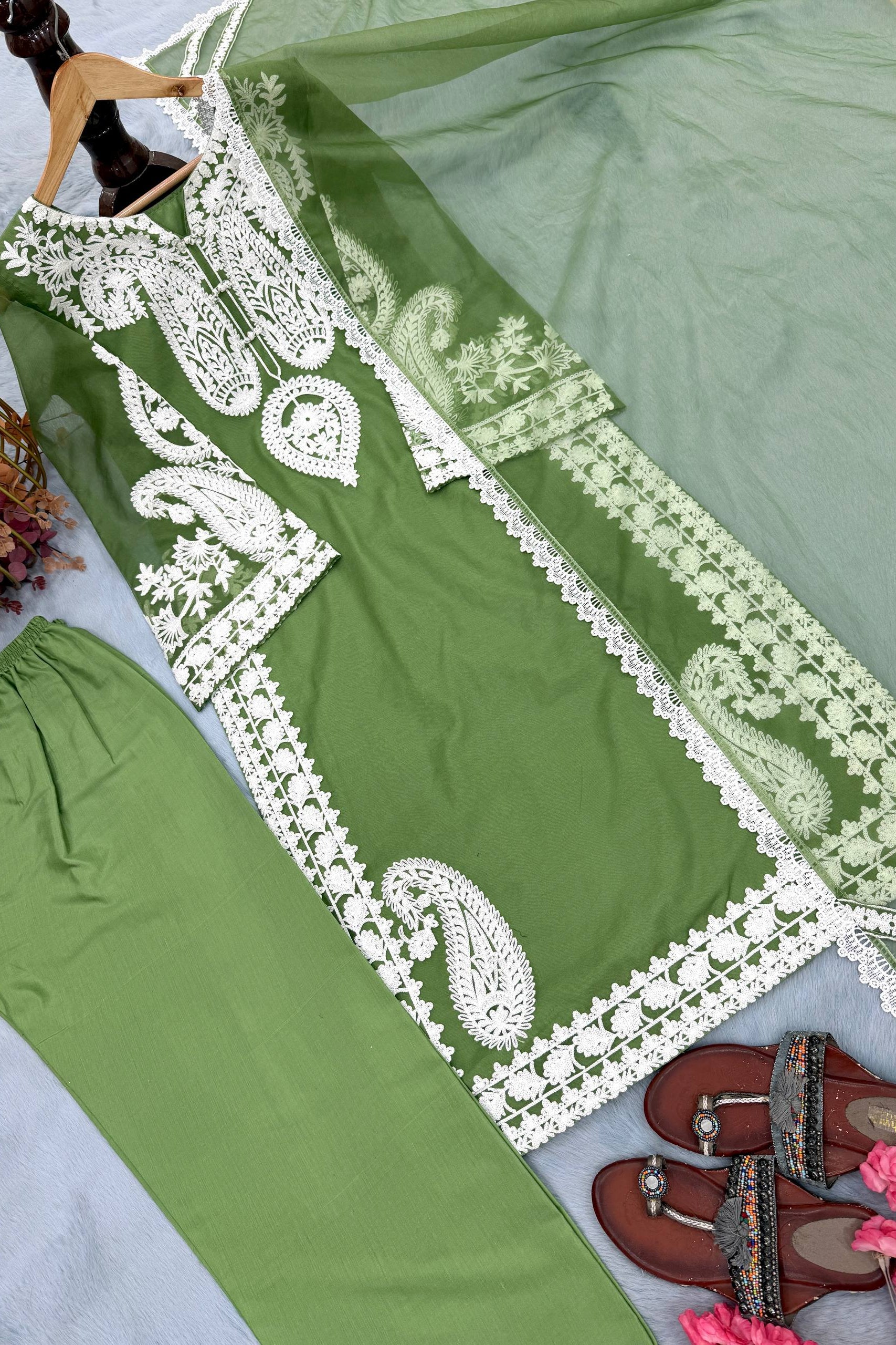 Pure Soft Organza Silk Embroidered Kurti & Satin Palazzo Set