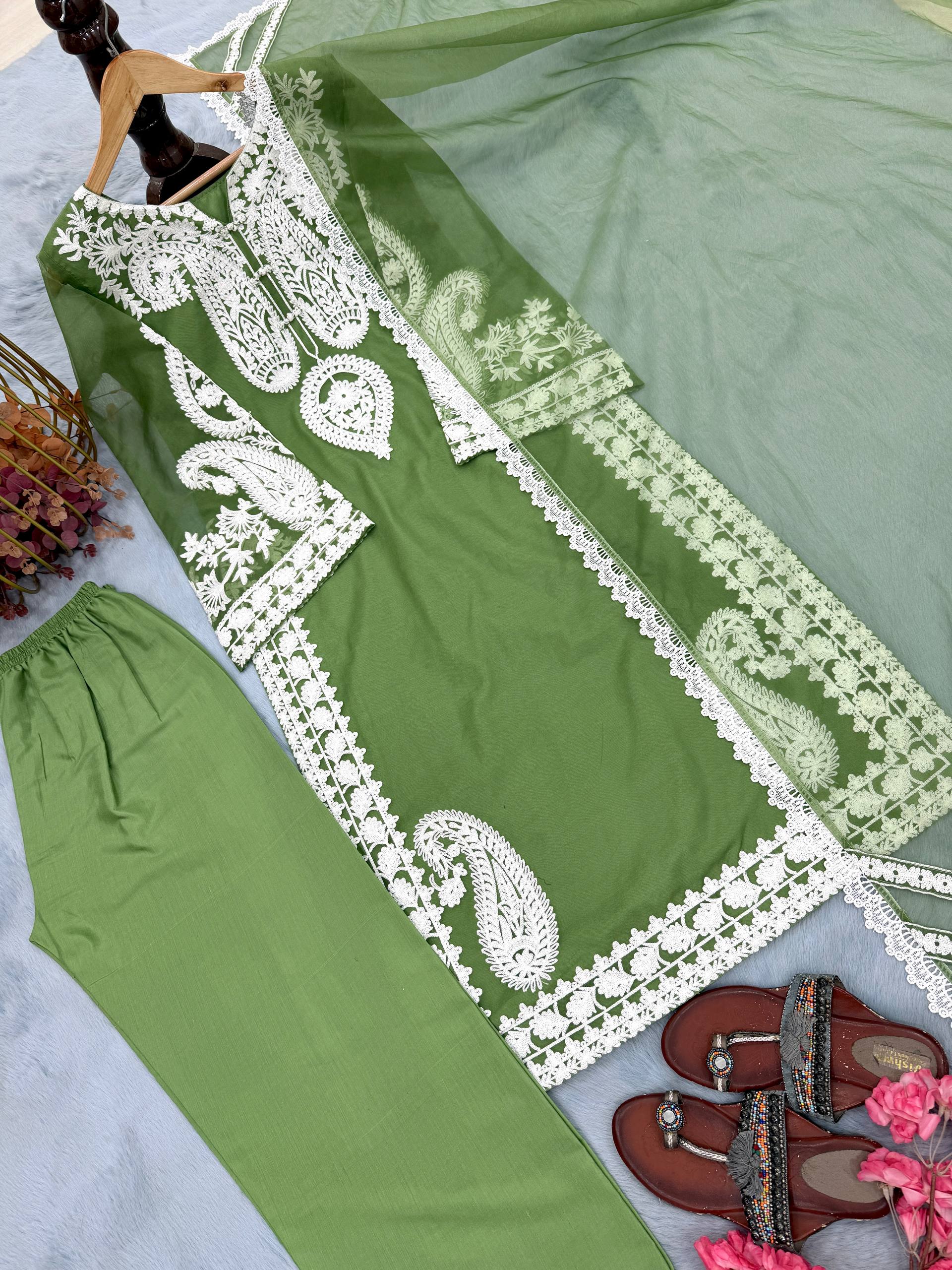 Pure Soft Organza Silk Embroidered Kurti & Satin Palazzo Set