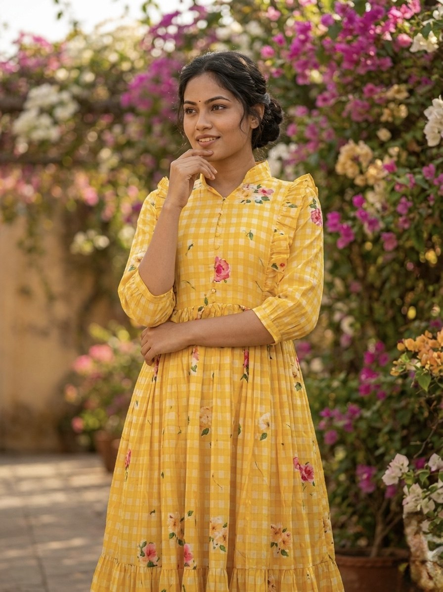 Premium Gingham Print Muslin Silk Kurti with Puff Sleeves