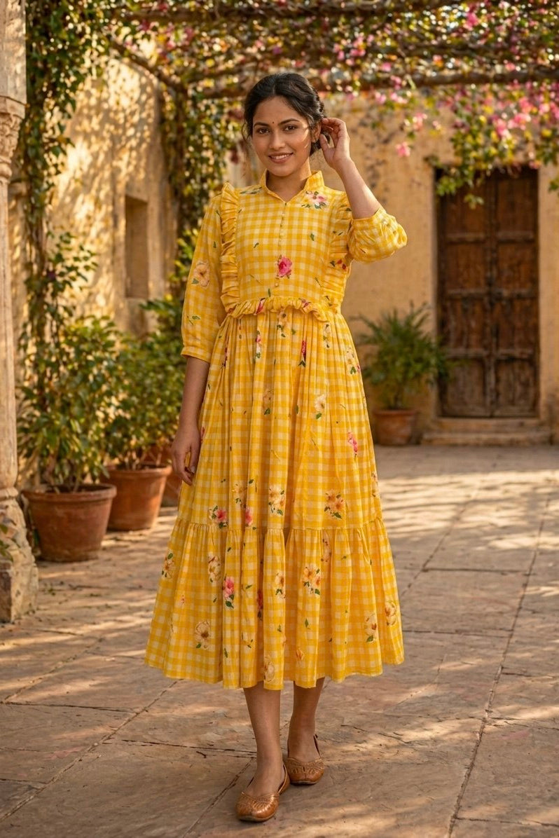 Premium Gingham Print Muslin Silk Kurti with Puff Sleeves