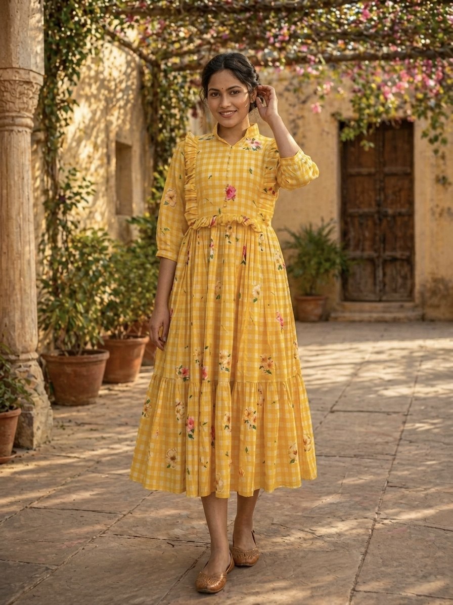 Premium Gingham Print Muslin Silk Kurti with Puff Sleeves