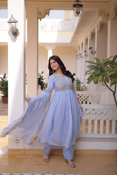 V-Neck Embroidered Gown Set with Roman Silk Pant & Dupatta