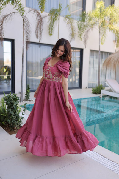 Square-Neck Mal Chanderi Gown with 7-Meter Flair (Readymade Collection)