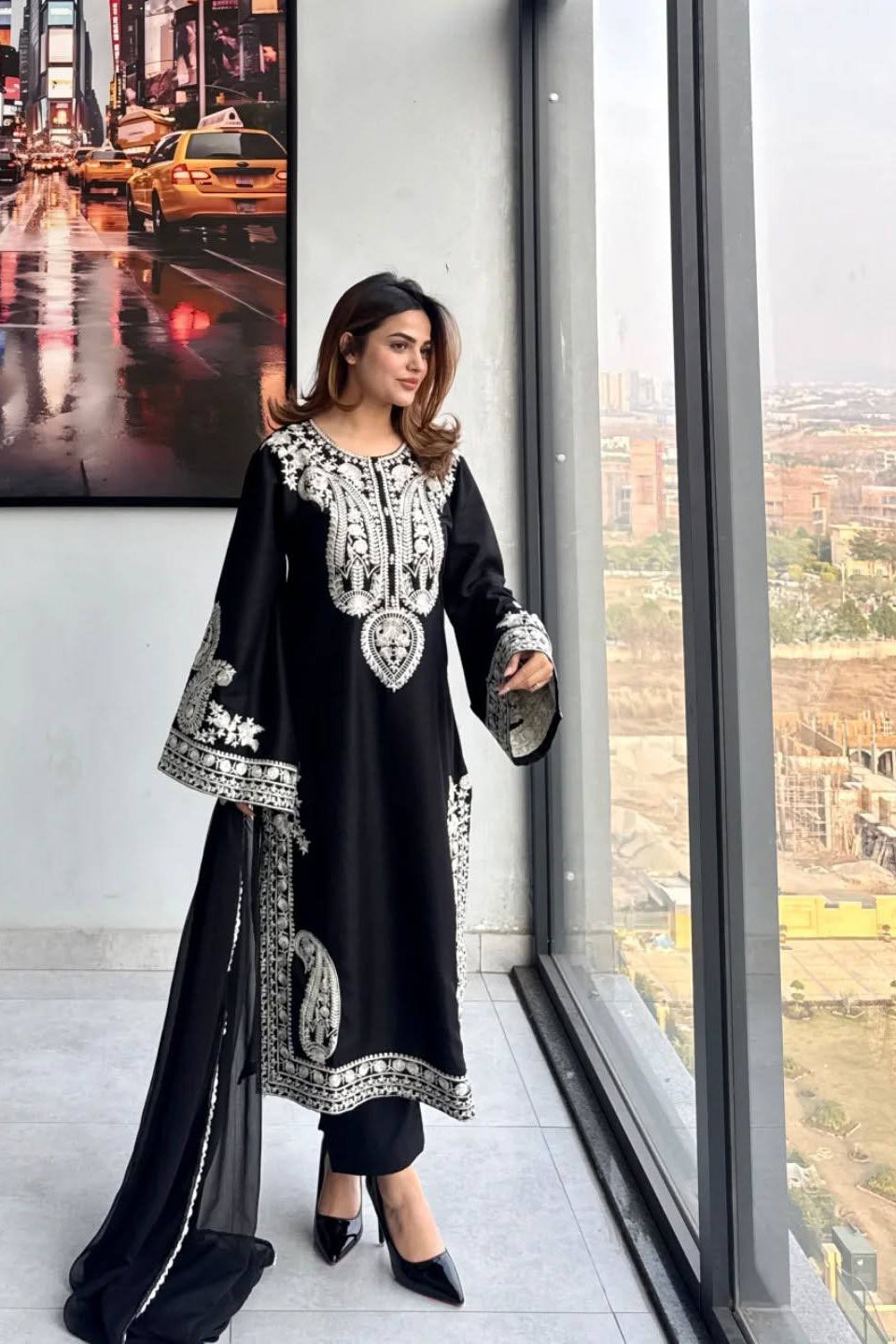 Pure Soft Organza Silk Embroidered Kurti & Satin Palazzo Set