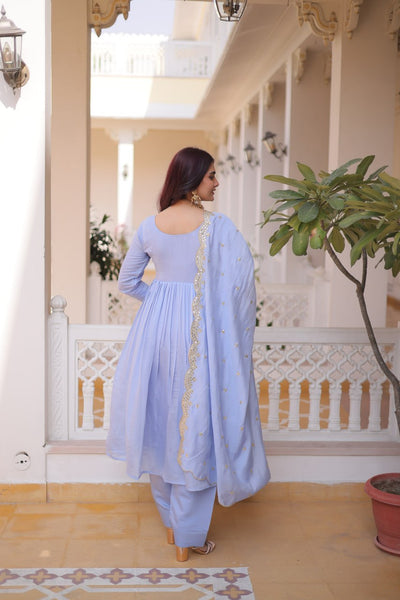 V-Neck Embroidered Gown Set with Roman Silk Pant & Dupatta