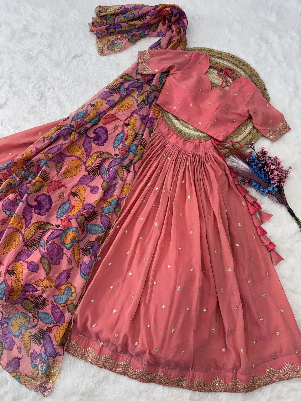 Premium Cosmos Silk Zari Embroidered Lehenga Choli with Tabby Silk Dupatta