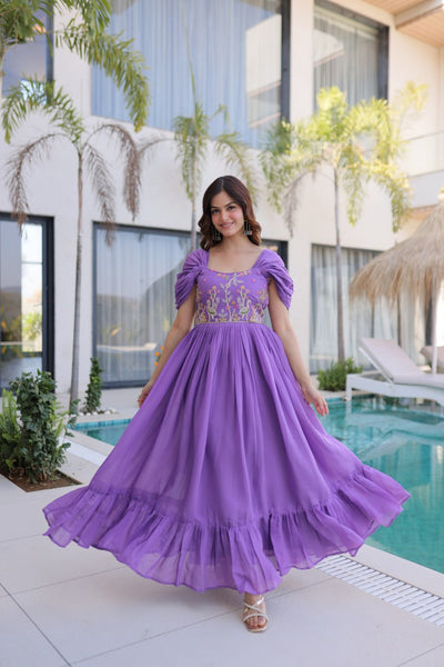 Square-Neck Mal Chanderi Gown with 7-Meter Flair (Readymade Collection)