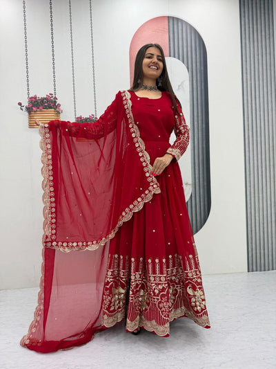 Premium Fox Georgette Embroidered Partywear Gown & Dupatta Set