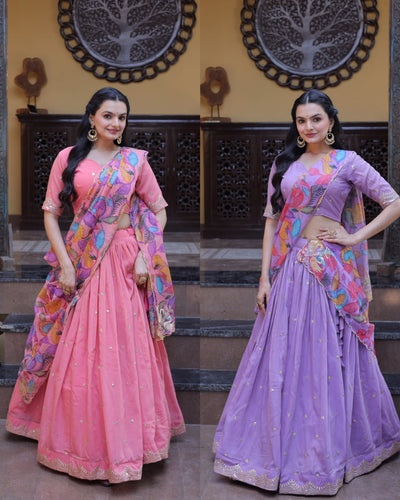 Premium Cosmos Silk Zari Embroidered Lehenga Choli with Tabby Silk Dupatta