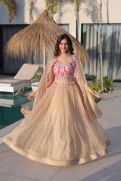 Premium Sindur Silk Embroidered Lehenga Choli with Shrug (3-Piece Fusion Set)