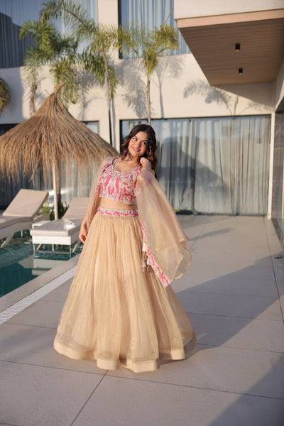 Premium Sindur Silk Embroidered Lehenga Choli with Shrug (3-Piece Fusion Set)