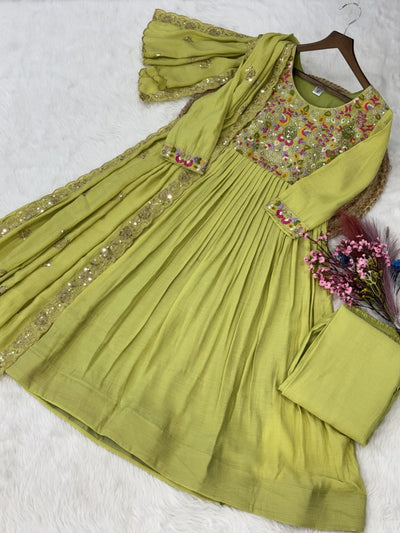 Elegant Mal Chanderi Embroidered Gown Set with Pant & Dupatta