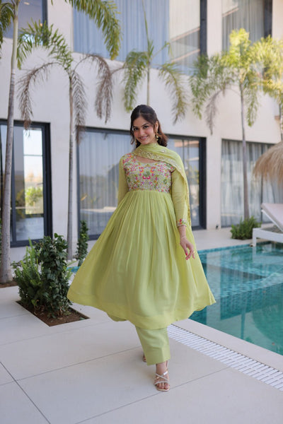 Elegant Mal Chanderi Embroidered Gown Set with Pant & Dupatta