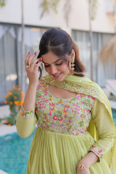 Elegant Mal Chanderi Embroidered Gown Set with Pant & Dupatta