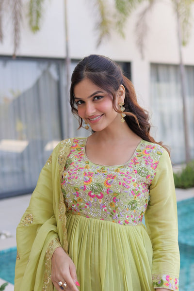Elegant Mal Chanderi Embroidered Gown Set with Pant & Dupatta